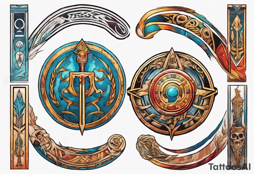 a colorful rectangle-long tattoo within a half-circle configuration with a shield and spear with ancient Greek art intertwined tattoo idea