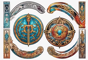a colorful rectangle-long tattoo within a half-circle configuration with a shield and spear with ancient Greek art intertwined tattoo idea