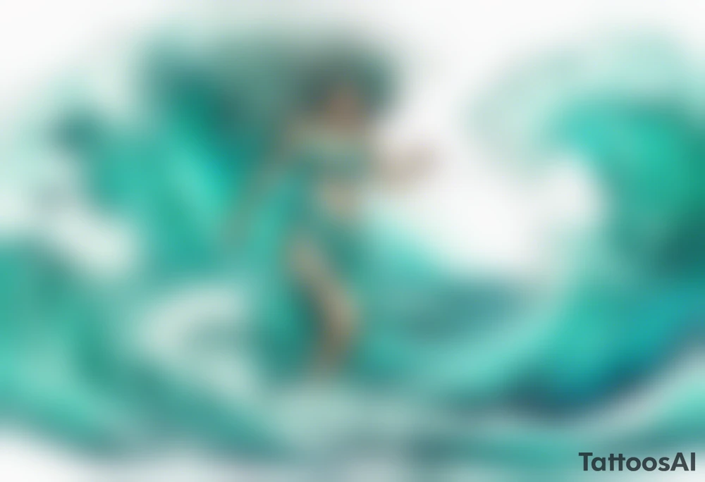 a beautiful turquoise lamia emerging from an ocean wave, crashing onto the shore tattoo idea