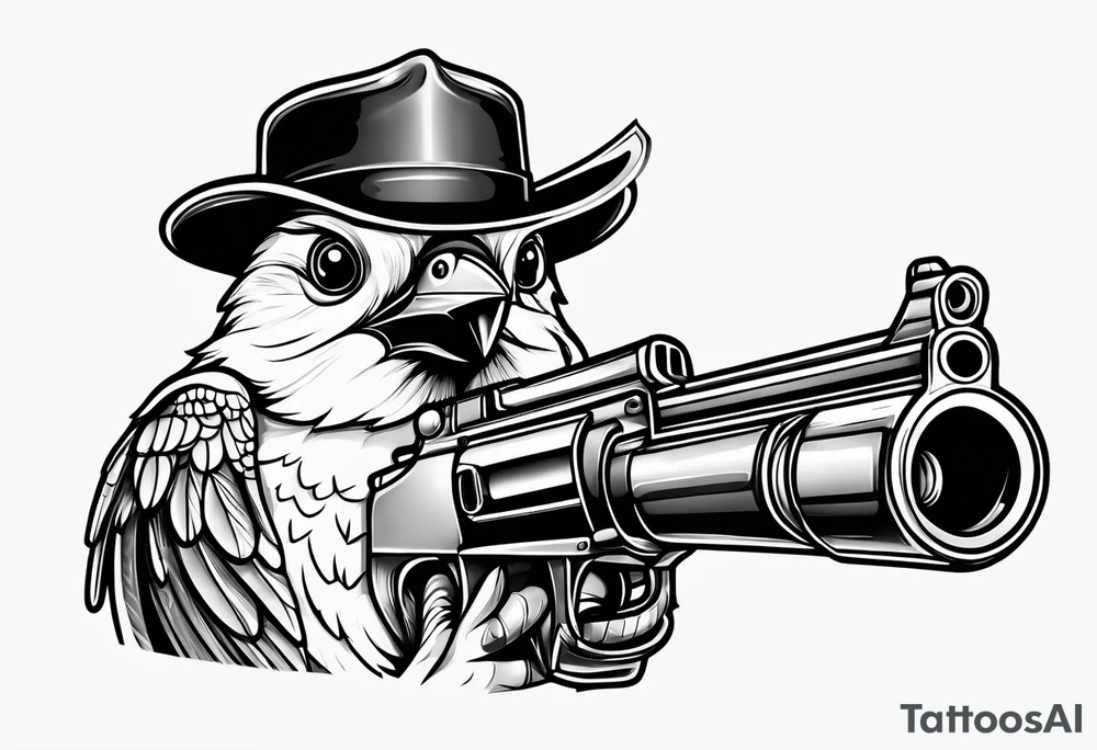 Cute cartoon Bird with a gun in its mouth tattoo idea