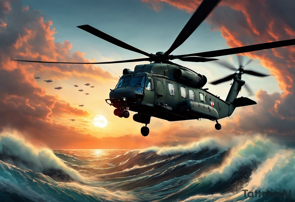 A cinematic-style tattoo depicting a Canadian military CH-148 Cyclone helicopter performing a daring maneuver over a turbulent ocean. The sky should be filled with dramatic clouds, and the sun should be setting, casting long shadows. The helicopter should be the main focus, with intricate details and a sense of motion. In the background, a poppy should be prominently displayed, and a quote from 'Lest We Forget' should be included, black and white tattoo tattoo idea