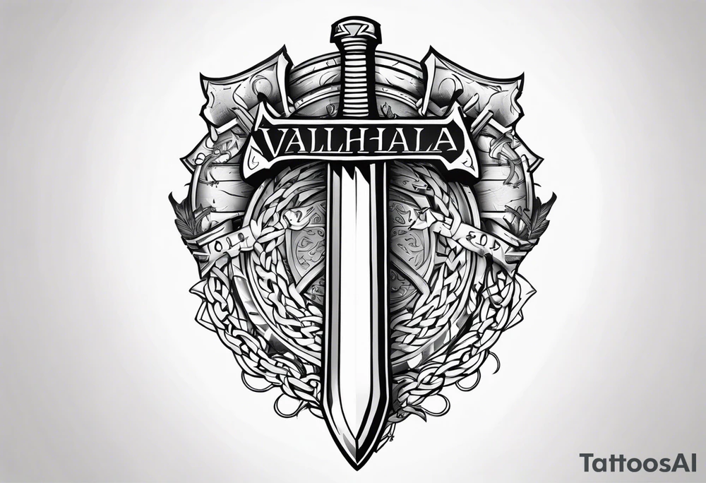 Valhalla sword round shield axe barbed wire chains tattoo idea