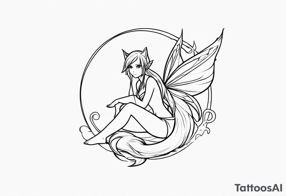 A fairy with a tail inspired by the logo of the show called Fairy Tail in a fetal position leaning in tattoo idea