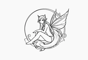 A fairy with a tail inspired by the logo of the show called Fairy Tail in a fetal position leaning in tattoo idea