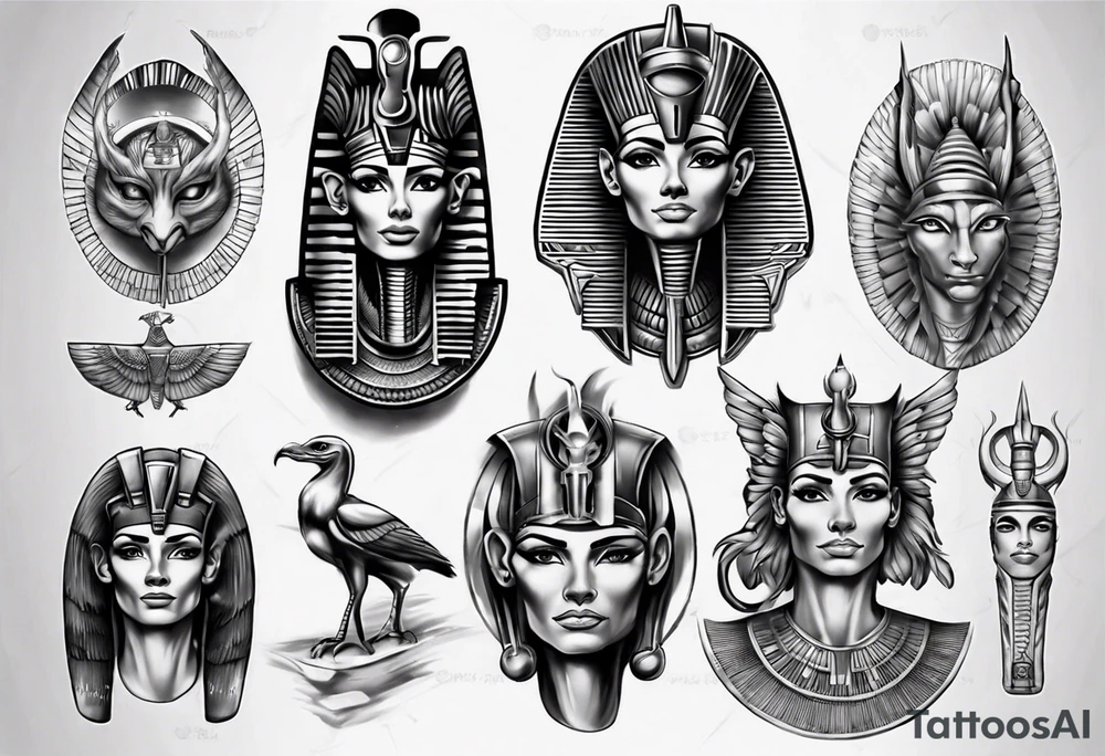 Egyptian gods theme full sleeve realistic tattoo idea
