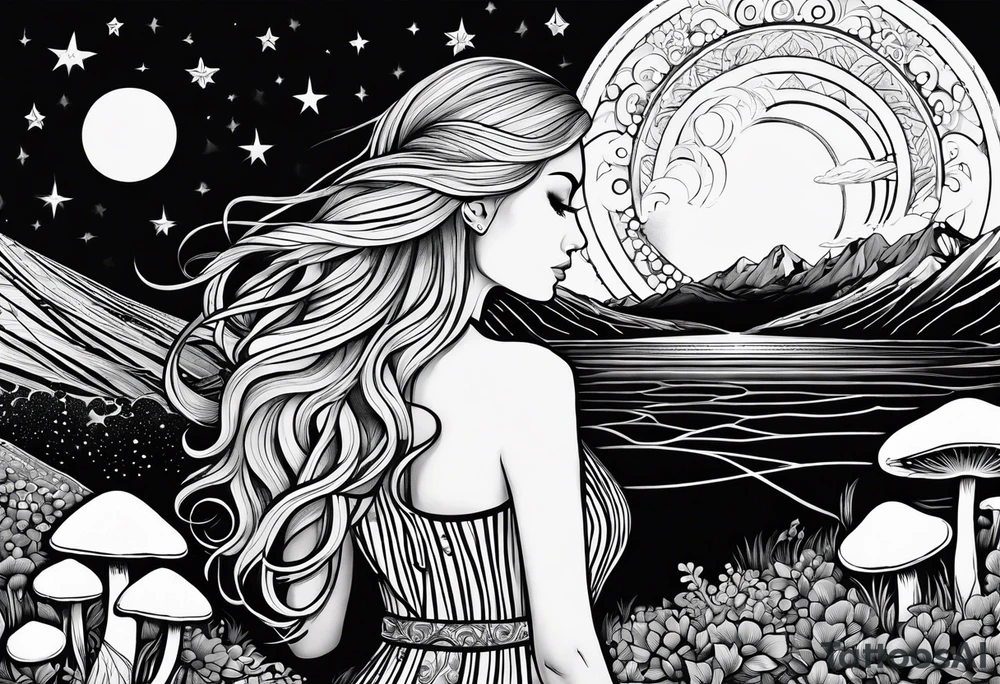 Straight blonde hair girl facing away toward mountains surrounded by mushrooms crescent moon mandala circular design black and white striped dress infinity symbol tattoo idea