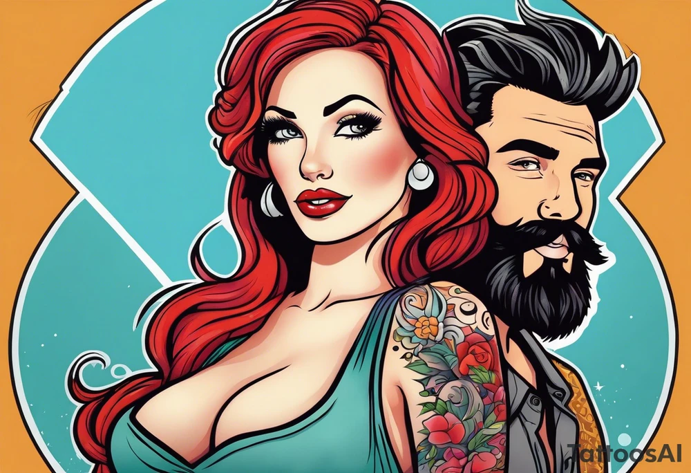 Busty Red haired woman with black haired bearded man tattoo idea