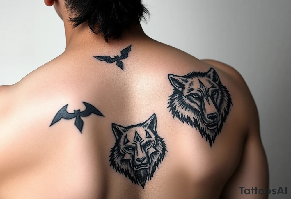 Purepecha warrior surrounded by purepecha symbols next to a wolf tattoo idea
