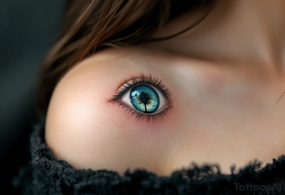 A hyper-realistic eye tattoo with a tiny tree reflection, detailed in deep green, honey brown, and icy blue hues, creating a surreal effect. tattoo idea