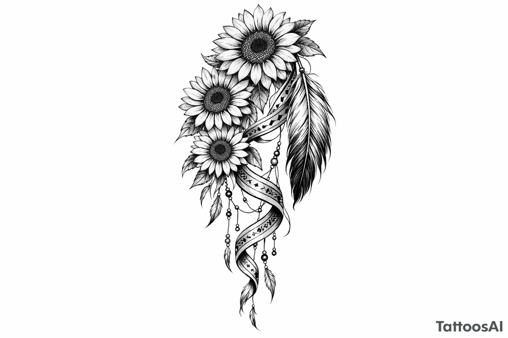 Cascading Sunflowers with Indian feather and Indian ribbon tattoo idea