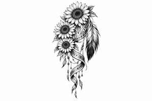 Cascading Sunflowers with Indian feather and Indian ribbon tattoo idea