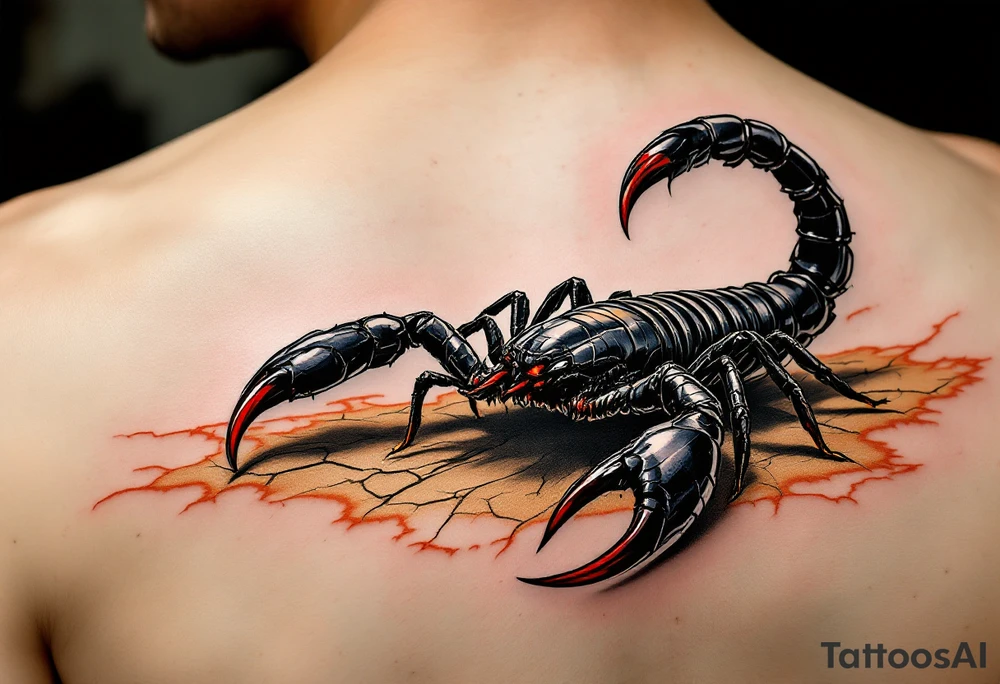 A fierce black scorpion with glossy obsidian armor, tipped with deep crimson on its pincers and venomous stinger, poised in a striking position atop cracked desert sand in shades of golden brown and burnt orange. tattoo idea