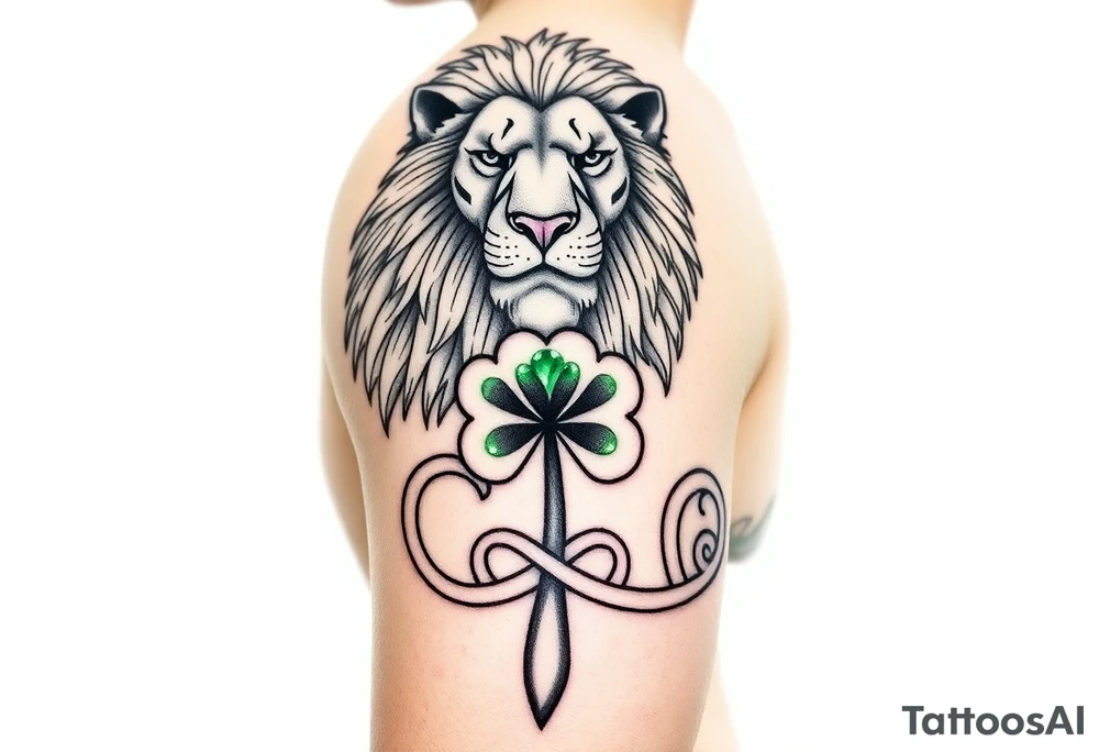 Show on a man's arm. Create a men's half-sleeve tattoo featuring a mighty, majestic face-forward lion at the top of the shoulder. Extend the bottom of the lion's mane to create open and shaded Celtic knots that travel down the arm, incorporating a ribbon twist. At the twist, make a Celtic shamrock with green peridot jewel petals and an organic stem. Continue the knots to intersect with a Celtic warrior armband that wraps the arm just above the elbow. tattoo idea