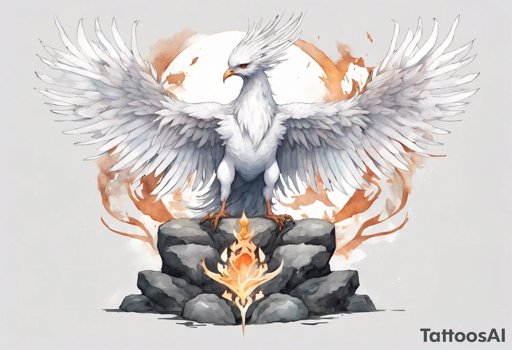 a white phoenix wearing a minimalist iron crown, standing on a stone throne tattoo idea