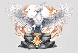 a white phoenix wearing a minimalist iron crown, standing on a stone throne tattoo idea