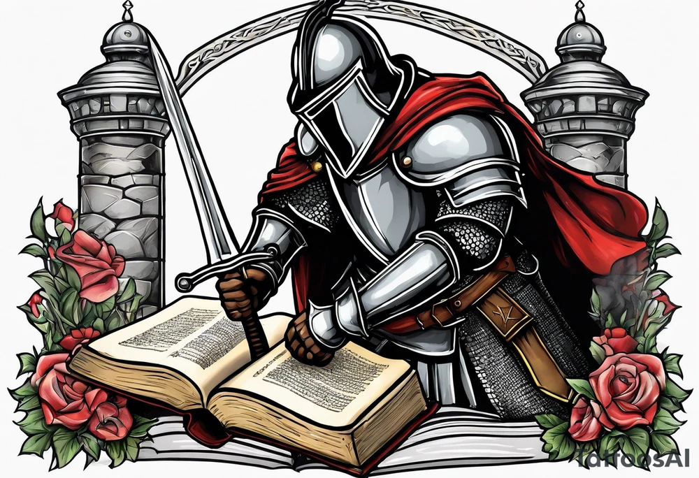 a knight pulling a sword out of an open bible tattoo idea