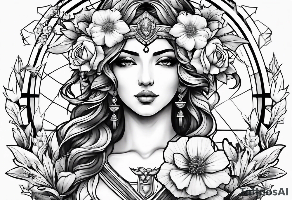 Goddess of justice with flowers tattoo idea