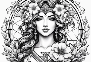 Goddess of justice with flowers tattoo idea