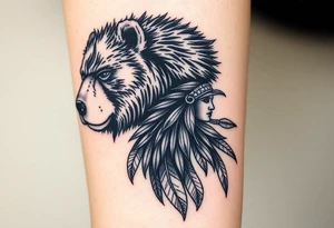 Indigenous, Majestic, and Powerful Goliath Grizzly Bear guarding a Magestic and Powerful Raven haired Warrior Squaw tattoo idea