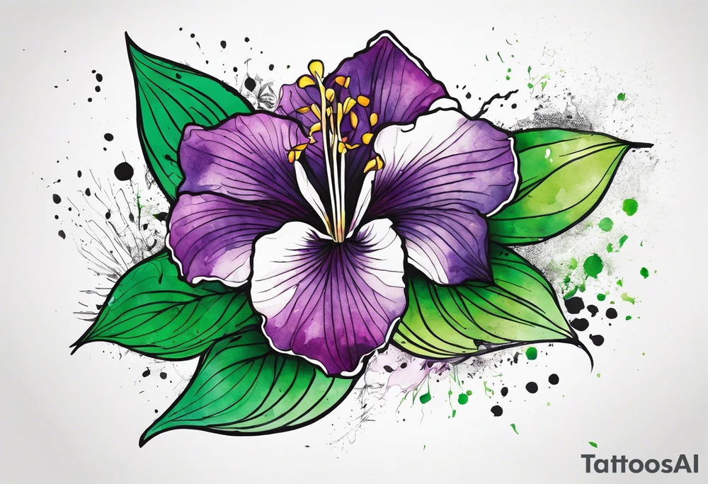 An outline of a rio dipladenia flower with a green and purple watercolor splash in the background tattoo idea