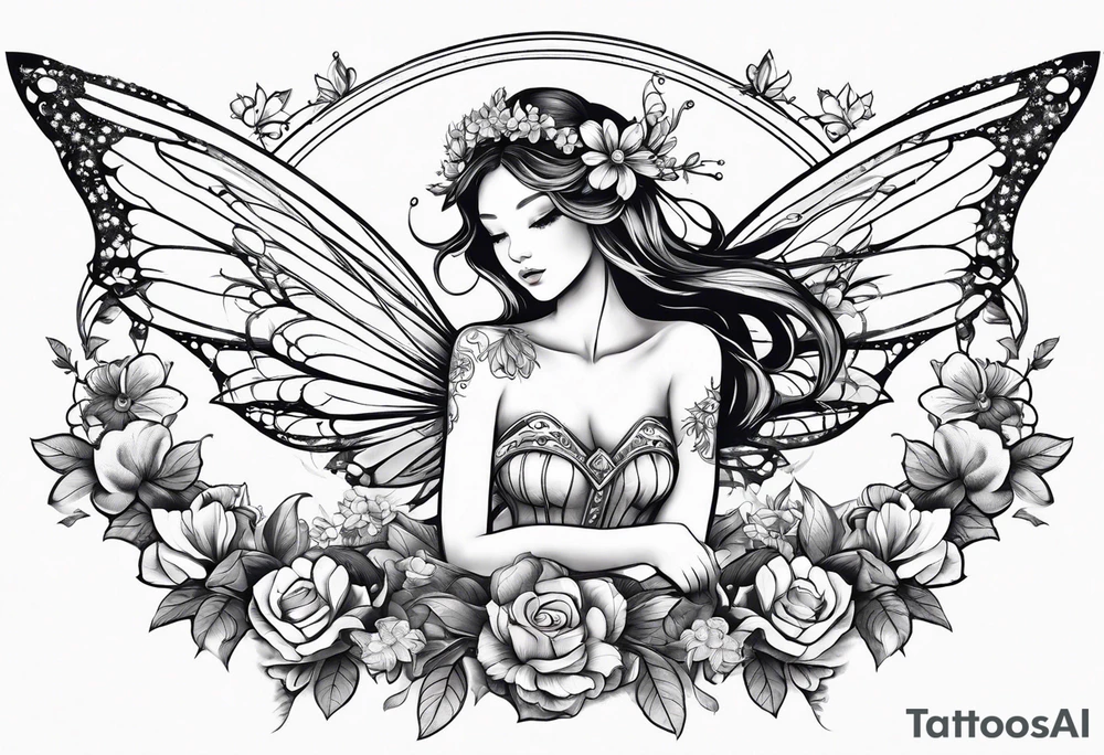 Flying Fairy with flowers, including arms and legs tattoo idea