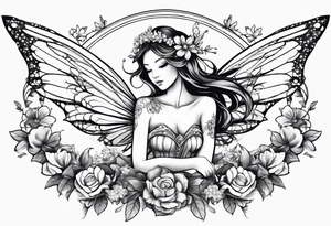 Flying Fairy with flowers, including arms and legs tattoo idea