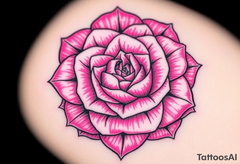 The pink rose blooms in a mesmerizing display of symmetry, its delicate petals unfolding in a kaleidoscope of repeating patterns, where soft blush and vibrant magenta hues seamlessly blend, creating an intricate, fractal-like illusion that shifts and transforms with every glance tattoo idea