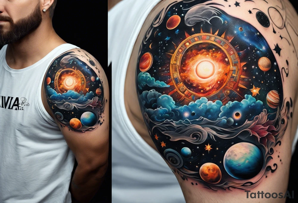 A tattoo featuring a cosmic scene with planets, black holes, and supernovae intertwined with intricate linguistic symbols, reflecting the client's interests in cosmology and linguistics. tattoo idea