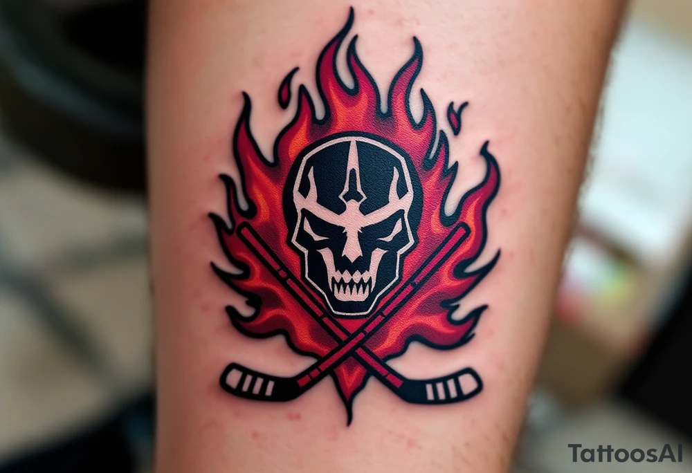 A bold black-and-burgundy Sparta Praha logo with red flames surrounding it and crossed hockey sticks beneath. tattoo idea