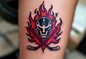 A bold black-and-burgundy Sparta Praha logo with red flames surrounding it and crossed hockey sticks beneath. tattoo idea
