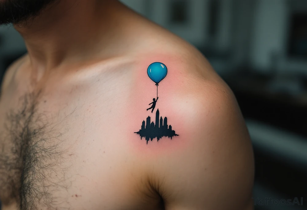 A balloon in sky blue lifting a tiny figure of a boy above a black silhouette of cityscape. tattoo idea