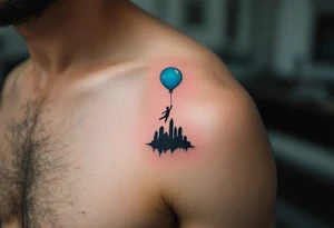A balloon in sky blue lifting a tiny figure of a boy above a black silhouette of cityscape. tattoo idea