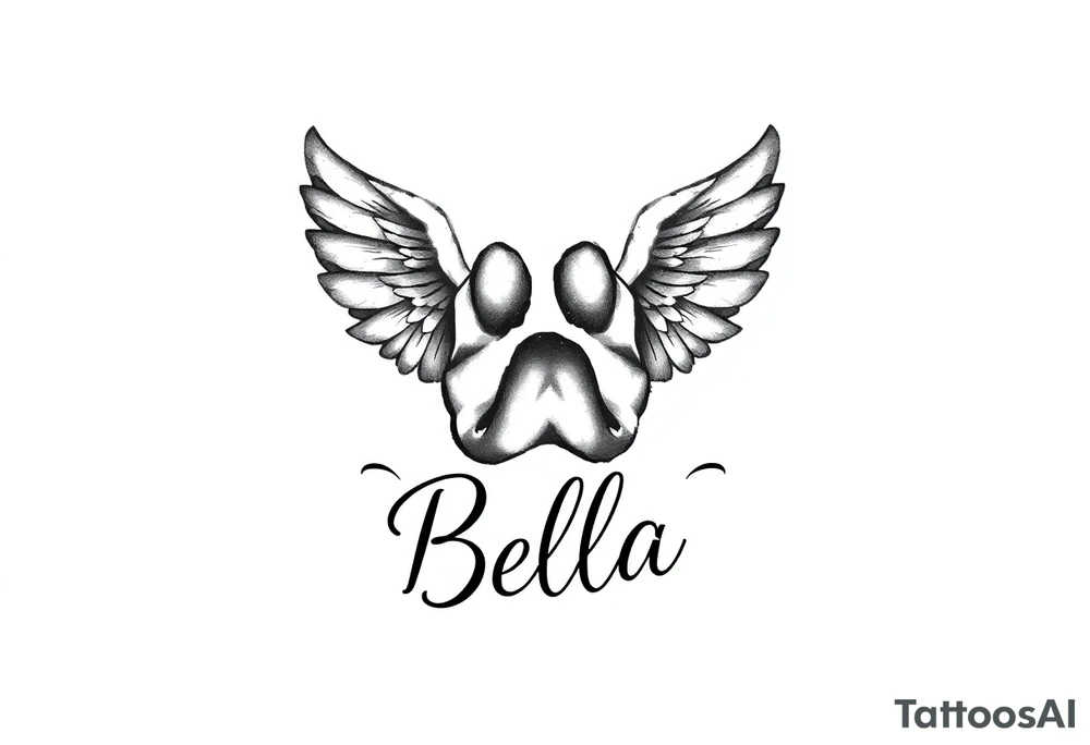 Dog print with small angel wings and the name Bella tattoo idea