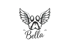 Dog print with small angel wings and the name Bella tattoo idea