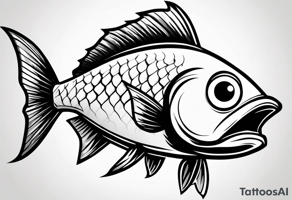 a cartoon fish with sharp, pointed fins and a streamlined body. Its eyes are narrowed with intense, angry brows, and its mouth is twisted into a snarl, showing sharp teeth. The overall appearance is aggressive and intimidating, conveyed through stark black and white contrasts. tattoo idea