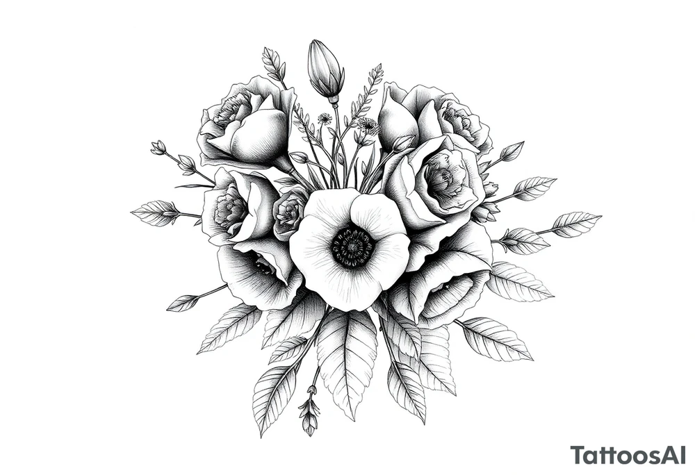 vintage bouquet of wild roses and meadow flowers with morning dew tattoo idea
