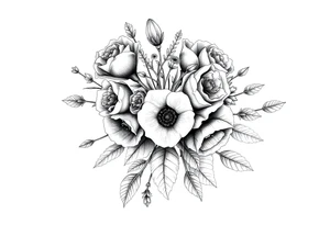 vintage bouquet of wild roses and meadow flowers with morning dew tattoo idea