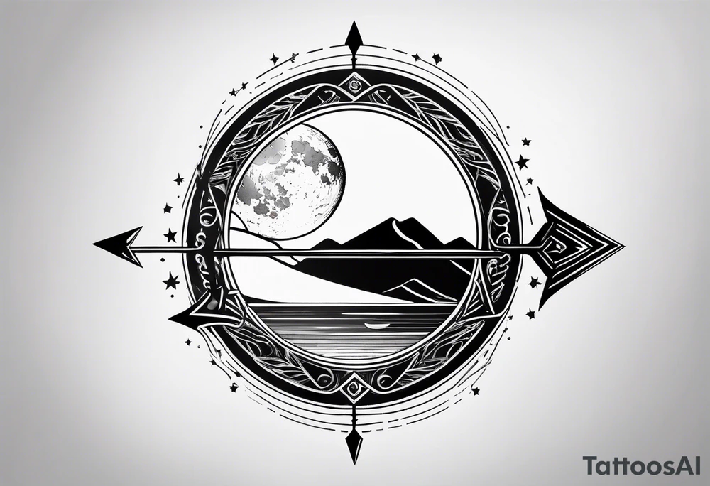 moon fine linework arrow tattoo idea