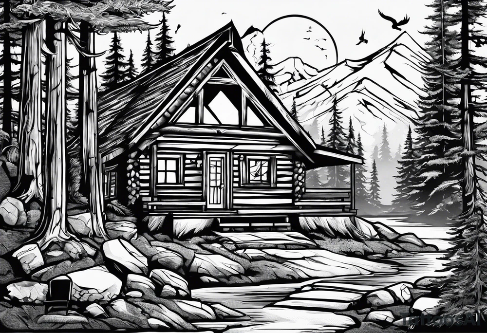caveman weekend with cross, golf, bourbon, campfire and cabin tattoo idea