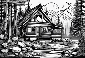 caveman weekend with cross, golf, bourbon, campfire and cabin tattoo idea