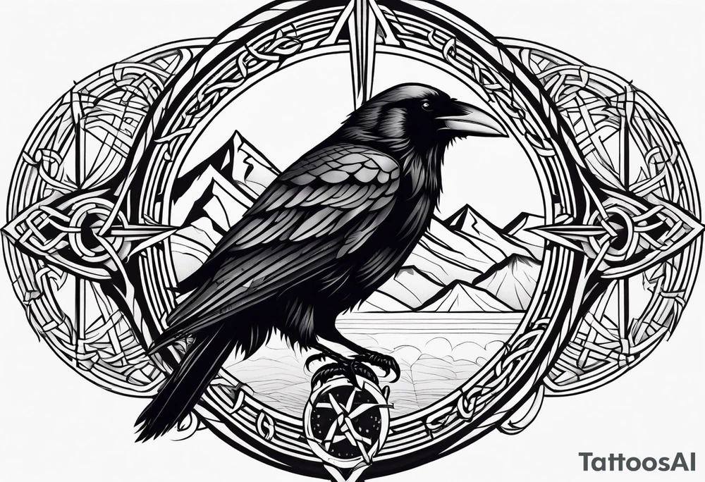 Raven head with Celtic compass and mountain tattoo idea