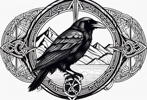 Raven head with Celtic compass and mountain tattoo idea