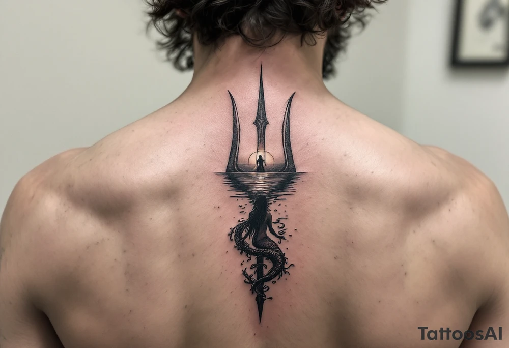 trident half way under calm water with sunset and mermaid tattoo idea