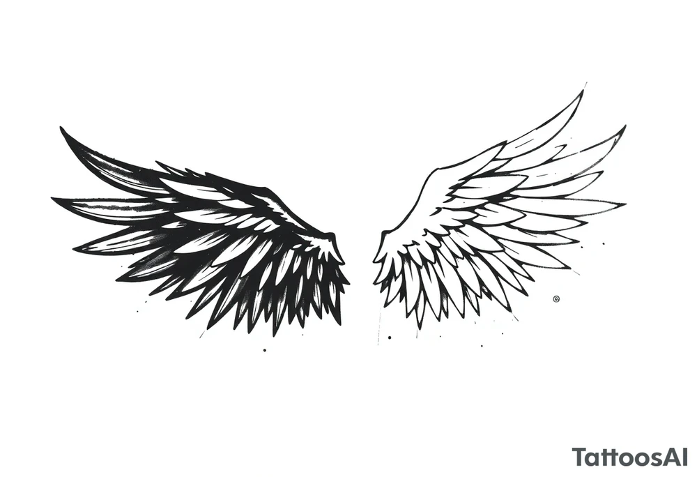the wings go up

This tattoo design features a pair symmetrical angel wings drawn in black ink with a rough, sketch-like style. The left wing is darker, more defined, and appears denser, while the right wing is lighter, more delicate, and fragmented, creating a contrast between the two. The feathers are sharp and irregular, with fine lines and stray strokes extending outward, adding a raw and artistic feel. The overall look is dynamic and slightly chaotic, giving the impression of movement or an unfinished, ethereal form. This design symbolizes duality, freedom, transformation, or even struggle, making it a meaningful and visually striking tattoo. tattoo idea