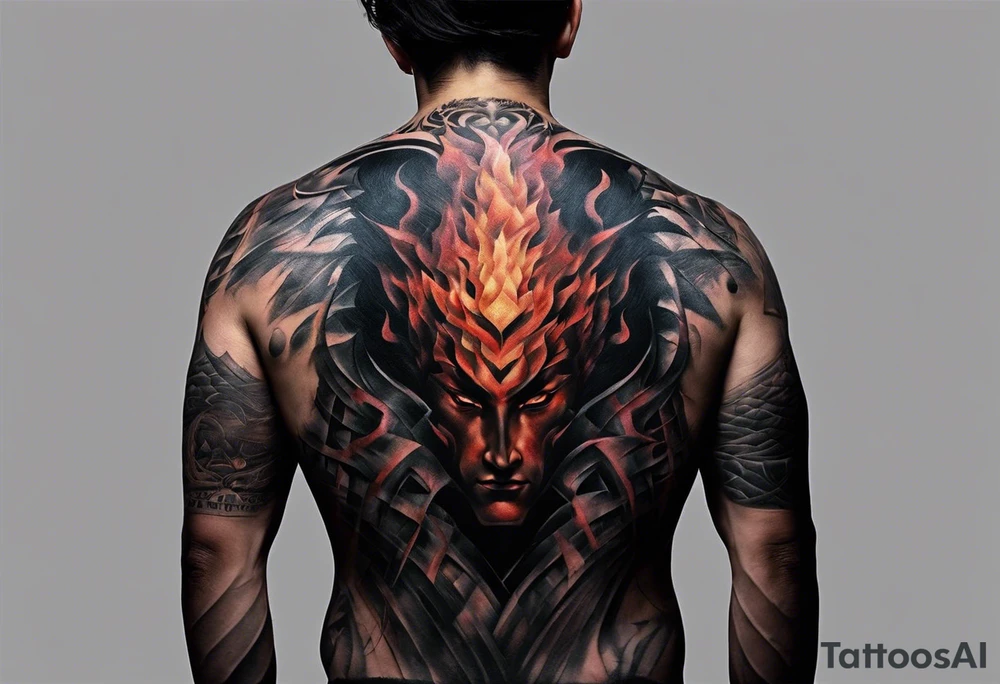 Certainly! Here’s a description for your back tattoo:

---

**Tattoo Description:**

Design: Black work, paint strokes.
Location: Back.
Concept: Dante's Inferno, representing the layers of hell.

**Design Details:**

1. **Vertical Lines:**
   - Two bold, vertical lines run parallel up the spine, symbolizing the journey through the depths of Dante's Inferno.

2. **Horizontal Lines:**
   - Nine horizontal lines intersect the vertical lines, each representing one of the nine circles of hell.
   - The lines descend down the back, each becoming progressively shorter and narrower to signify the decreasing levels of hell's circles.
   - The paint stroke style gives the lines a dynamic, brush-painted appearance, enhancing the dramatic and artistic effect.

3. **Overall Style:**
   - The black work technique ensures a striking contrast, with deep black ink emphasizing the severity and depth of the concept.

Sure, here's a simplified version:

---

**Tattoo Description:**

**Design:** Black work, paint strokes.
**Location:** Back.
**Concept:** Dante's Inferno, layers of hell.

**Details:**

1. **Vertical Lines:**
   - Two parallel lines up the spine.

2. **Horizontal Lines:**
   - Nine perpendicular lines, descending and decreasing in width.

**Style:**
   - Bold black work with paint stroke effects.

---

This version is straightforward and clear.

---

This description provides a clear and detailed vision for your tattoo artist to work from, capturing the essence and symbolism of Dante’s Inferno in a powerful and visually striking way. tattoo idea