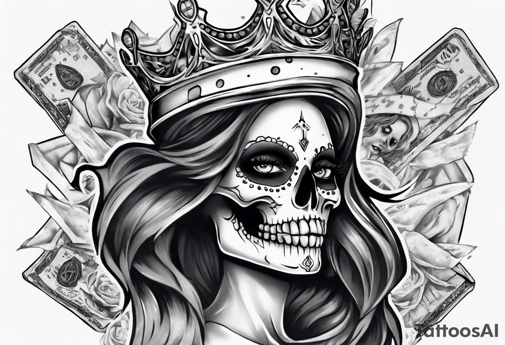 santa la muerta with money and crown
on the card tattoo idea