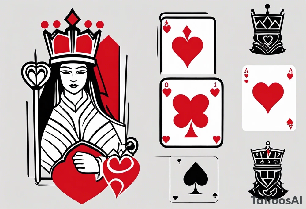 one combined tatto in minimalistic style with icon style three king of spades and icon style one queen of hearts. extreme minimalstic and few lines. much more minimalistic and fewer lines tattoo idea