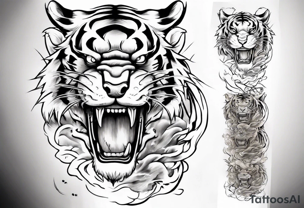 Tiger design with lightning and the sun for a forearm sleeve tattoo idea