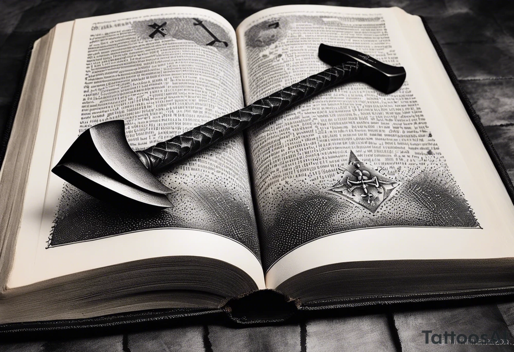 An opened bible with a battle Axe tattoo idea