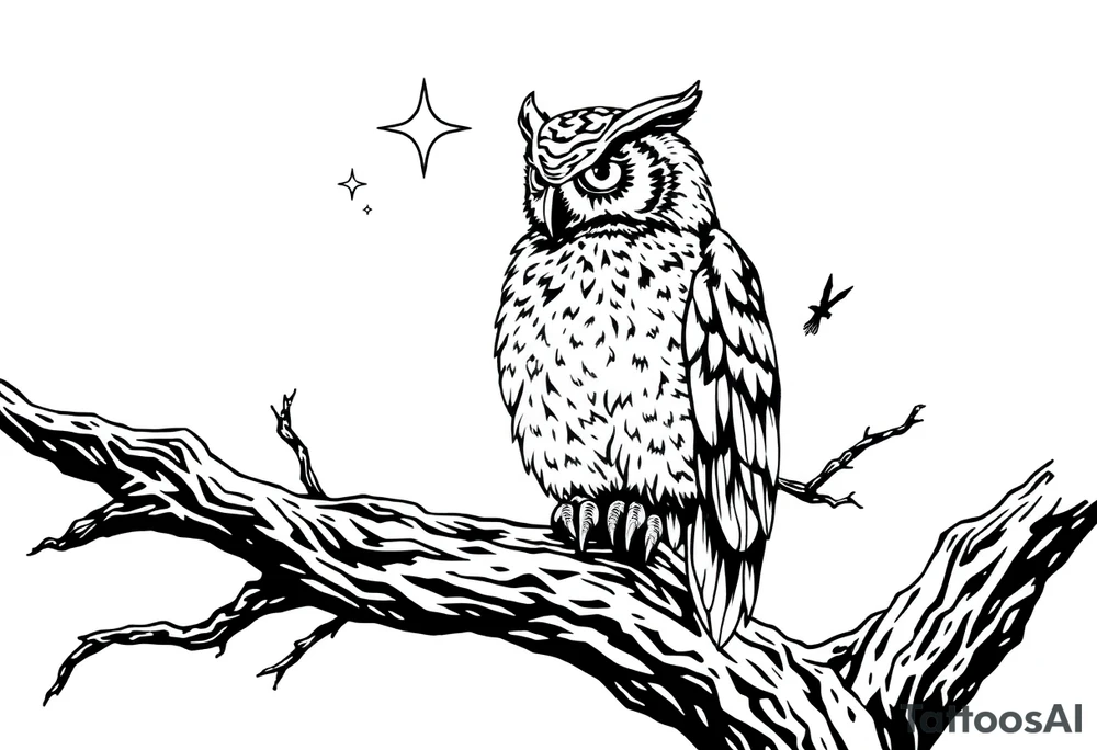 wise owl perched on ancient oak branch under starlit sky tattoo idea